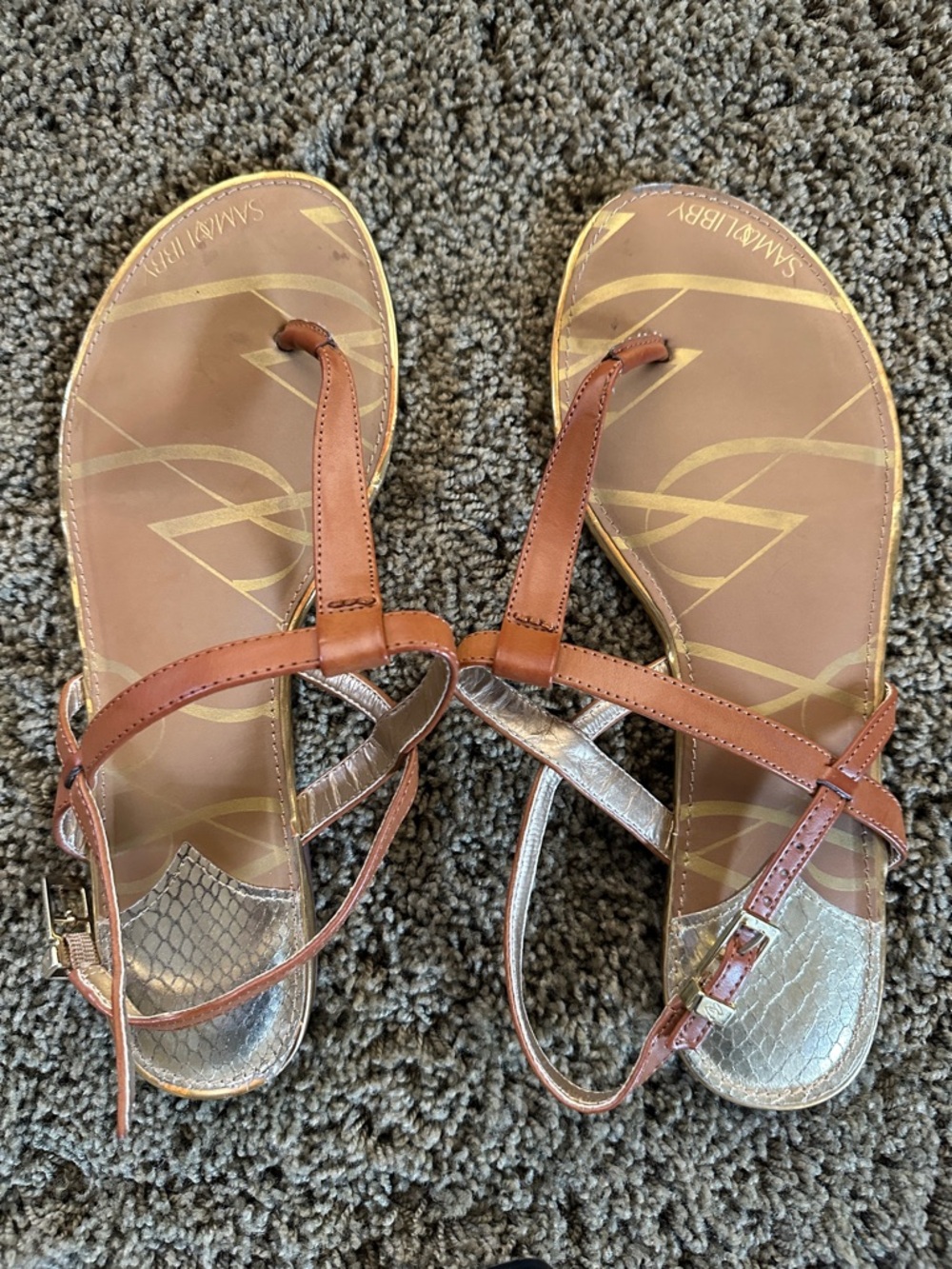 Sam Edelman Tan and Metallic Strappy T-Post Sandals